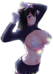 Rule 34 | 1girl, akitsu maru (kancolle), black hair, black skirt, blush, bra, breasts, chikage (blackclownery), commentary request, gloves, hands up, highres, kantai collection, large breasts, looking at viewer, navel, purple eyes, short hair, simple background, skirt, solo, sweat, thighhighs, thighs, underwear, white background, white bra, white gloves, zettai ryouiki