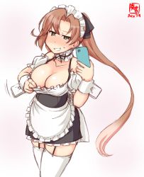 Rule 34 | 1girl, akigumo (kancolle), alternate costume, apron, artist logo, black skirt, blouse, blush, breasts, brown hair, cellphone, cleavage, collarbone, commentary request, cowboy shot, dated, detached collar, enmaided, frilled apron, frilled shirt, frilled skirt, frills, garter straps, green eyes, hair ribbon, high-waist skirt, highres, kanon (kurogane knights), kantai collection, long hair, looking at phone, maid, medium breasts, phone, ponytail, ribbon, shirt, simple background, skirt, solo, suspender skirt, suspenders, thighhighs, waist apron, white apron, white background, white shirt, white thighhighs, wrist cuffs