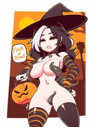 Rule 34 | 1girl, black hair, breasts, earrings, halloween, hat, highres, jewelry, long hair, multicolored hair, original, pumpkin, re-sublimity-kun, solo, striped clothes, striped thighhighs, thighhighs, white hair, witch hat