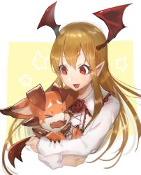 Rule 34 | &gt; &lt;, 10s, 1girl, :d, bat wings, blonde hair, bright pupils, collared shirt, dragon, closed eyes, fang, flower, frilled shirt collar, frills, granblue fantasy, head wings, kojijima, kugimiya rie, long hair, long sleeves, open mouth, outside border, pointy ears, red eyes, red flower, red rose, rose, voice actor connection, shingeki no bahamut, shirt, simple background, smile, solo, star (symbol), upper body, vampire, vampy, vyrn (granblue fantasy), white background, white shirt, wings
