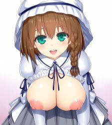 Rule 34 | 1girl, asamura hiori, bad id, bad pixiv id, blue ribbon, blush, braid, breasts, breasts out, brown hair, charlotte corday (fate), charlotte corday (second ascension) (fate), dress, fate/grand order, fate (series), green eyes, hair between eyes, highres, juliet sleeves, large breasts, long sleeves, looking at viewer, neck ribbon, nipples, open clothes, open dress, open mouth, puffy sleeves, ribbon, short hair, side braid, smile, solo, white dress