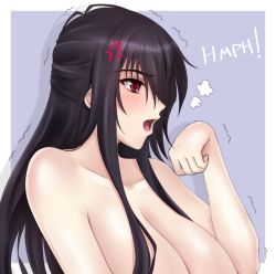 Rule 34 | 1girl, angry, bare shoulders, beatrix bremer, black hair, blush, breasts, cleavage, highres, huge breasts, long hair, muv-luv, muv-luv alternative, open mouth, red eyes, schwarzesmarken, solo, upper body
