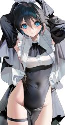 Rule 34 | 1girl, armpit peek, arms behind head, arms up, black dress, black hair, blue eyes, bow, bowtie, bra visible through clothes, breasts, covered navel, cowboy shot, detached sleeves, dress, frills, genderswap, genderswap (mtf), groin, habit, highres, houshin engi, long sleeves, medium breasts, mimoza (96mimo414), no panties, nun, parted lips, pelvic curtain, short hair, skindentation, solo, standing, taikoubou, thigh strap, thighs, veil