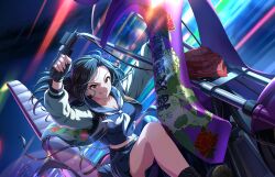 1girl black_hair blue_skirt blurry boots breasts building chain cleavage fingerless_gloves flower_print forehead game_cg gloves grin idolmaster idolmaster_cinderella_girls idolmaster_cinderella_girls_starlight_stage jacket motor_vehicle motorcycle mukai_takumi navel official_art pleated_skirt riding sailor_collar school_uniform shoe_soles skirt smile solo yellow_eyes