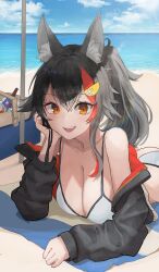 Rule 34 | 1girl, absurdres, animal ear fluff, animal ears, beach, beach towel, bikini, black hair, black jacket, blue sky, breasts, brown eyes, cloud, cropped jacket, day, elbow rest, hair between eyes, head rest, highres, hololive, ice, ice cube, jacket, large breasts, long hair, long sleeves, looking at viewer, multicolored hair, ocean, off shoulder, official alternate costume, ookami mio, ookami mio (hololive summer 2019), open mouth, outdoors, ponytail, red hair, roppi, sky, smile, solo, streaked hair, swimsuit, towel, virtual youtuber, water, white bikini, wolf ears, wolf girl, zipper