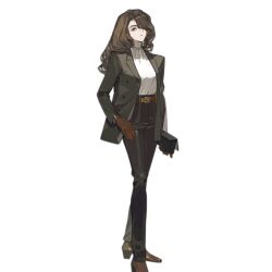 Rule 34 | 1girl, artist request, belt, breasts, brown footwear, brown gloves, brown hair, brown jacket, brown pants, closed mouth, expressionless, foot out of frame, girls&#039; frontline, gloves, grey eyes, hair over one eye, high-waist pants, holding, jacket, long hair, long sleeves, looking at viewer, medium breasts, object request, official art, pants, romy riefenstahl, shirt, simple background, solo, standing, transparent background, white shirt