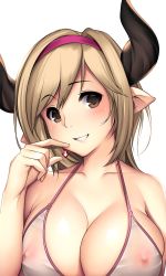Rule 34 | 10s, 1girl, arrow (symbol), bare shoulders, bikini, blonde hair, blush, breasts, brown eyes, cleavage, collarbone, covered erect nipples, djeeta (granblue fantasy), draph, granblue fantasy, grin, hairband, highres, horns, large breasts, looking at viewer, nipples, pointy ears, see-through, smile, solo, swimsuit, tony guisado, upper body, white bikini