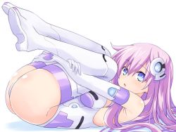 Rule 34 | 1girl, armpits, ass, bare shoulders, blue eyes, blush, boots, breasts, choujigen game neptune mk2, elbow gloves, expressionless, from side, full body, gloves, hair between eyes, headgear, high heel boots, high heels, hugging own legs, iwashi dorobou -r-, knees to chest, legs, legs folded, legs up, leotard, long hair, looking at viewer, looking to the side, lying, medium breasts, neptune (series), on back, open mouth, pink hair, power symbol, power symbol-shaped pupils, purple sister, simple background, skin tight, skindentation, solo, staring, symbol-shaped pupils, thigh boots, thighhighs, thighs, very long hair, white gloves, white leotard, white thighhighs