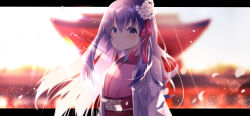 Rule 34 | 1girl, absurdres, blurry, blurry background, closed mouth, commentary request, depth of field, fate/grand order, fate (series), floating hair, flower, hair between eyes, hair flower, hair ornament, hair ribbon, highres, japanese clothes, kimono, letterboxed, long hair, looking at viewer, matou sakura, obi, parvati (fate), pink kimono, purple eyes, purple hair, red ribbon, ribbon, sash, smile, solo, suisen-21, upper body, very long hair, white flower