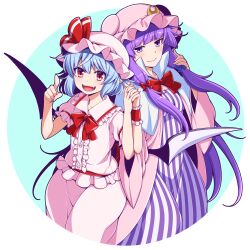 Rule 34 | 2girls, bat wings, blue background, blue hair, breasts, coat, cowboy shot, dress, eichi yuu, fangs, flat chest, hat, holding hands, light blue hair, long hair, looking at viewer, medium breasts, mob cap, multiple girls, open mouth, patchouli knowledge, pink coat, pink hat, pink shirt, pink skirt, pointing, pointing at viewer, pointy ears, purple dress, purple eyes, purple hair, red eyes, red ribbon, remilia scarlet, ribbon, shirt, short hair, simple background, skirt, smile, striped clothes, striped dress, touhou, vampire, white background, wings