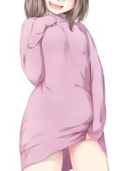 Rule 34 | 1girl, :d, blush, brown hair, clothes lift, cowboy shot, fang, hand on own chest, hand up, head out of frame, highres, kisaragi yuki (sora saki), lifted by self, open mouth, original, purple sweater, simple background, smile, solo, sweater, sweater lift, thighs, turtleneck, turtleneck sweater, white background