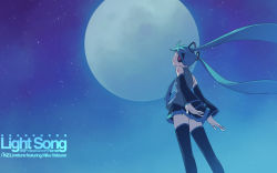 Rule 34 | bad id, bad pixiv id, black thighhighs, blue hair, blue theme, detached sleeves, full body, hatsune miku, highres, kanzaki hiro, long hair, moon, night, outdoors, skirt, sky, solo, star (sky), star (symbol), starry sky, thighhighs, twintails, vocaloid, wallpaper