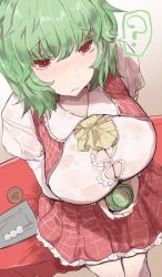 Rule 34 | 1girl, ?, ascot, breasts, bursting breasts, button gap, cleavage, colored eyelashes, commentary request, cup, dango, food, from above, gradient background, green hair, hair between eyes, highres, holding, holding cup, kaizu (kaizukurodai), kazami yuuka, large breasts, long sleeves, looking at viewer, miniskirt, perspective, plaid, plaid skirt, plaid vest, red eyes, red skirt, red vest, shirt, short hair, sitting, skirt, skirt set, solo, spoken question mark, taut clothes, taut shirt, tea, touhou, vest, wagashi, yellow ascot, yunomi