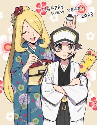 Rule 34 | 1boy, 1girl, 2023, ^ ^, adapted costume, baseball cap, black kimono, blonde hair, blue kimono, blush, brown eyes, brown hair, closed eyes, commentary request, creatures (company), crossed arms, cynthia (pokemon), facepaint, floral print, flower, frown, game freak, gen 1 pokemon, hagoita, hair flower, hair ornament, hair over one eye, hanetsuki, haori, happy new year, hat, highres, holding, holding paddle, holding paintbrush, inkwell, jacket, japanese clothes, kimono, laughing, long hair, long sleeves, looking at viewer, new year, nintendo, obi, obiage, obijime, one eye covered, open clothes, open jacket, open mouth, paddle, paintbrush, parted bangs, pikachu, pokemon, pokemon dppt, pokemon masters ex, ponytail, print kimono, pumpkinpan, red (pokemon), red (sygna suit) (thunderbolt) (pokemon), red flower, sash, short hair, sidelocks, smile, standing, swept bangs, white jacket, wide sleeves, yellow sash