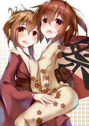 Rule 34 | 10s, 2girls, blush, brown eyes, brown hair, fang, floral print, folded ponytail, hair ornament, hairclip, henet hene, ikazuchi (kancolle), inazuma (kancolle), japanese clothes, kantai collection, kimono, kimono pull, long sleeves, looking at viewer, multiple girls, obi, open mouth, red eyes, sash, wide sleeves