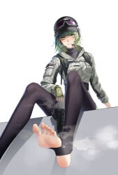 Rule 34 | 1girl, absurdres, arknights, barefoot, ela (arknights), feet, fingerless gloves, gloves, goggles, green eyes, green hair, highres, light blush, looking at viewer, medium hair, parted lips, shoes, single shoe, soles, steam, stirrup legwear, tactical clothes, toeless legwear, toes, unworn shoes, zhenpiaoliang
