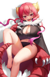 Rule 34 | 1girl, :d, absurdres, bare legs, barefoot, beomko, black cloak, black panties, breasts, claws, cleavage, cleavage cutout, cloak, clothing cutout, commentary, dragon girl, dragon horns, dragon tail, feet, floating hair, foot out of frame, fur trim, gradient hair, highres, horns, huge breasts, ilulu (maidragon), kobayashi-san chi no maidragon, long hair, midriff, multicolored hair, navel, open mouth, panties, purple hair, red eyes, red hair, sharp teeth, smile, solo, standing, standing on one leg, tail, teeth, underwear, upper teeth only, v-shaped eyebrows