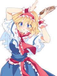 Rule 34 | 1girl, alice margatroid, arms up, belt, blonde hair, blue dress, blue eyes, blush, breasts, capelet, dress, eyes visible through hair, hair between eyes, hands up, highres, ichimura kanata, instrument, looking away, medium breasts, open mouth, puffy short sleeves, puffy sleeves, red belt, red scarf, scarf, shirt, short hair, short sleeves, simple background, solo, standing, touhou, white background, white shirt, wrist cuffs