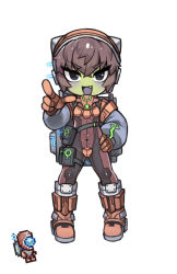 Rule 34 | 1girl, :d, alien, black bodysuit, bodysuit, boots, breasts, brown bodysuit, brown hair, colored skin, creature and personification, crossed bangs, crotch plate, detached sleeves, fang, full body, gloves, green skin, grey sleeves, hair between eyes, hand on own hip, knee boots, long sleeves, looking at viewer, martian officer, multicolored bodysuit, multicolored clothes, no nose, nyong nyong, open mouth, orange footwear, orange gloves, puffy long sleeves, puffy sleeves, reference inset, short hair, simple background, small breasts, smile, solo, standing, terraria, thigh strap, tsurime, v-shaped eyebrows, white background