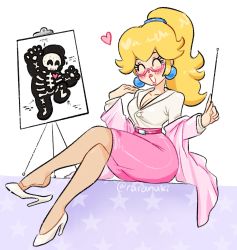 Rule 34 | 1girl, ^ ^, artist name, belt, blonde hair, blush stickers, breasts, cleavage, closed eyes, coat, collarbone, crossed legs, doctor, dr. mario (game), dr. mario world, dr. peach, dress shirt, earrings, eyelashes, full body, hair tie, hands up, happy, head tilt, heart, high-waist skirt, high heels, high ponytail, highres, holding, holding pointer, jewelry, lab coat, large breasts, legs, lips, long sleeves, mario, mario (series), medium hair, nintendo, no socks, open clothes, open coat, open mouth, pantyhose, pencil skirt, pink belt, pink coat, pink lips, pink skirt, pointer, ponytail, princess peach, raranuki, shirt, shoe dangle, sitting, skeleton, skirt, solo, star (symbol), stiletto heels, twitter username, undressing, white background, white footwear, white shirt