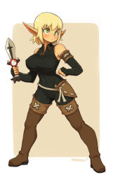 Rule 34 | 1girl, artist name, black gloves, blonde hair, boots, breasts, brown background, brown thighhighs, commentary, covered navel, elbow gloves, evangelyne (wakfu), eyebrows, fingerless gloves, freckles, full body, gloves, green eyes, highres, holding, holding sword, holding weapon, large breasts, looking away, looking to the side, nestkeeper, pointy ears, rubilax, short hair, simple background, solo, standing, sword, thigh boots, thighhighs, wakfu, weapon