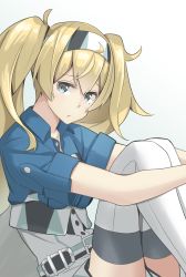 Rule 34 | blonde hair, blue eyes, blue shirt, boots, breast pocket, buttons, closed mouth, collared shirt, commentary request, crying, crying with eyes open, gambier bay (kancolle), gradient background, hair between eyes, hairband, highres, kantai collection, multicolored clothes, negahami, pocket, shirt, short sleeves, shorts, solo, tearing up, tears, thigh boots, thighhighs, twintails