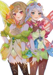 Rule 34 | 2girls, absurdres, ahoge, black pantyhose, black thighhighs, blonde hair, blue eyes, braid, breasts, capelet, commentary, commission, commissioner upload, drill hair, english commentary, fairy, fairy wings, fire emblem, fire emblem fates, fire emblem heroes, flower, hair between eyes, hair flower, hair ornament, hairband, highres, large breasts, leaf bracelet, low twin braids, mariirasuto7, medium breasts, multiple girls, nina (fire emblem), nina (resplendent) (fire emblem), nintendo, official alternate costume, open mouth, pantyhose, parted bangs, peony (fire emblem), pink capelet, purple eyes, sidelocks, teeth, thighhighs, twin braids, wings