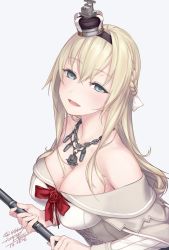 Rule 34 | 10s, 1girl, :d, artist name, bare shoulders, blonde hair, blue eyes, braid, breasts, chain, chain necklace, cleavage, corset, crown, dated, dress, french braid, hairband, half-closed eyes, jewelry, kantai collection, large breasts, long hair, long sleeves, mini crown, necklace, off shoulder, open mouth, rokuwata tomoe, signature, simple background, smile, solo, twitter username, upper body, warspite (kancolle), white dress