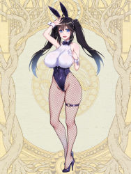 Rule 34 | 1girl, :d, animal ears, bare shoulders, black bow, black bowtie, black hair, black leotard, blue eyes, bow, bowtie, breasts, cocytus (wind master), covered erect nipples, covered navel, dairoku ryouhei, detached collar, fake animal ears, fishnet pantyhose, fishnets, hair between eyes, hair ornament, hair ribbon, hand on own chest, hand under clothes, hand up, high heels, highleg, highleg leotard, huge breasts, leotard, long hair, nipples, no bra, open mouth, pantyhose, plant roots, playboy bunny, ribbon, shiny clothes, shiny skin, smile, solo, thick thighs, thigh strap, thighs, tree, twintails, yellow background