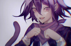 Rule 34 | 1boy, :d, cat boy, cat tail, danganronpa (series), danganronpa v3: killing harmony, hair between eyes, hands up, highres, jacket, long sleeves, medium hair, official alternate costume, open mouth, oma kokichi, pink eyes, pink scarf, scarf, smile, solo, tail, teeth, tongue, very fruity