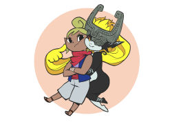 Rule 34 | 2girls, absurdres, blonde hair, cheek-to-cheek, cheek poking, colored sclera, company connection, crossed arms, crossover, dark-skinned female, dark skin, fang, heads together, helmet, highres, hug, hug from behind, midna, multiple girls, neckerchief, nintendo, pointy ears, poking, pokkuti, pout, prehensile hair, red eyes, shorts, simple background, tetra, the legend of zelda, the legend of zelda: the wind waker, the legend of zelda: twilight princess, vest, yellow sclera