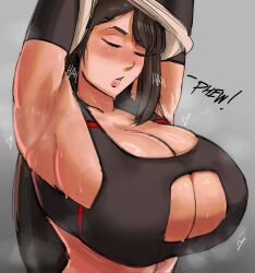Rule 34 | 1girl, breasts, cleavage, cleavage cutout, clothing cutout, final fantasy, final fantasy vii, highres, huge breasts, paranoid.droid, stretching, sweatdrop, tifa lockhart
