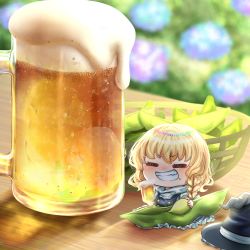 Rule 34 | 1girl, alcohol, bad id, bad pixiv id, basket, bean sprout, beer, beer mug, black dress, black hat, blonde hair, blue flower, blurry, blurry background, blush, braid, buttons, chibi, closed eyes, cup, depth of field, dress, flower, flower request, foam, food, food on face, frills, grin, hat, highres, holding, holding cup, hydrangea, kirisame marisa, long hair, mini person, minigirl, mug, nose blush, outdoors, petticoat, rainbow order, reflection, side braid, single braid, sitting, smile, solo, suna sen, table, touhou, turtleneck, unworn hat, unworn headwear, v-shaped eyebrows, witch hat, wooden table