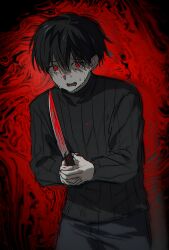 Rule 34 | 1boy, absurdres, black background, black hair, black pants, black sweater, blood, bloody knife, crying, crying with eyes open, highres, holding, holding knife, knife, looking at viewer, male focus, mogaji, multicolored background, open mouth, pants, red background, red eyes, scared, short hair, solo, sweater, tears, tsugino haru, turtleneck, turtleneck sweater, zeno (game)