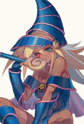 Rule 34 | 1girl, bad id, bad twitter id, bare shoulders, blonde hair, capelet, collar, dark-skinned female, dark magician girl, dark skin, duel monster, female focus, fingerless gloves, gloves, green eyes, hat, highres, holding, licking, long hair, one eye closed, pinky out, saliva, simple background, sitting, solo, spiked hair, staff, sweat, washi no tosaka, white background, wink, yu-gi-oh!