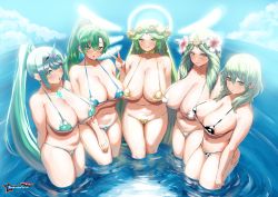 Rule 34 | 5girls, absurdres, awesomeerix, bikini, black bikini, blue bikini, breasts, byleth (female) (fire emblem), byleth (fire emblem), chest jewel, cleavage, color connection, commission, company connection, covered erect nipples, female focus, female pubic hair, fire emblem, fire emblem: the blazing blade, fire emblem: three houses, flower, glowing, glowing wings, green bikini, green eyes, green hair, hair flower, hair ornament, halo, high ponytail, highres, kid icarus, large breasts, long hair, looking at viewer, lyn (fire emblem), matching hair/eyes, mature female, medium hair, micro bikini, multiple girls, navel, nintendo, ocean, paid reward available, palutena, partially submerged, pneuma (xenoblade), ponytail, pubic hair, pubic hair peek, rhea (fire emblem), smile, stomach, swimsuit, tiara, trait connection, v, very long hair, water, white bikini, wings, xenoblade chronicles (series), xenoblade chronicles 2, yellow bikini