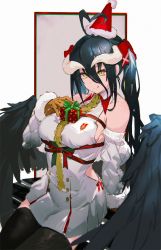 Rule 34 | 1girl, ahoge, albedo (overlord), bare shoulders, black feathers, black hair, black wings, bow, breasts, brown gloves, christmas, christmas present, commentary request, demon girl, demon horns, demon wings, detached sleeves, dress, feathered wings, feathers, gift, gloves, hair between eyes, hat, highres, horns, large breasts, licking lips, looking at viewer, low wings, overlord (maruyama), pleated skirt, red bow, red ribbon, ribbon, santa hat, sideboob, sitting, skirt, slit pupils, so-bin, solo, thighhighs, tongue, tongue out, twintails, white dress, wings, yellow eyes