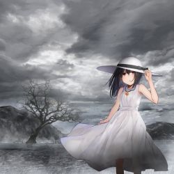 Rule 34 | 1girl, absurdres, album cover, arm up, bare arms, bare shoulders, bare tree, black hair, cloud, cloudy sky, commentary request, cover, dress, glowing, hair between eyes, hand on headwear, hat, highres, hoshimiya aki, huge filesize, jewelry, long hair, md5 mismatch, monochrome background, original, pendant, red eyes, resolution mismatch, sky, sleeveless, sleeveless dress, solo, source smaller, standing, sun hat, tree, water, white dress, white hat