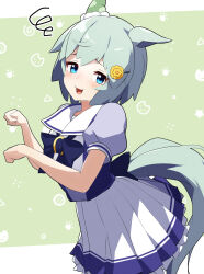 Rule 34 | 1girl, animal ears, blue eyes, border, bow, commentary request, cowboy shot, ear covers, green background, grey hair, hair between eyes, hair ornament, hairclip, hakusai o m t, highres, horse ears, horse girl, horse tail, looking at viewer, open mouth, paw pose, petticoat, polka dot, polka dot background, puffy short sleeves, puffy sleeves, purple bow, purple shirt, sailor collar, school uniform, seiun sky (umamusume), shirt, short hair, short sleeves, single ear cover, smile, solo, squiggle, summer uniform, tail, tracen school uniform, umamusume, white border