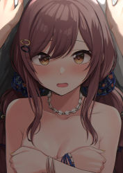Rule 34 | 1girl, alternate hairstyle, arakumachikano, blush, bracelet, braid, breast hold, breasts, collarbone, covering breasts, covering privates, day, embarrassed, hair ornament, hair scrunchie, hairclip, hand on wall, highres, idolmaster, idolmaster shiny colors, jewelry, kabedon, long hair, looking at viewer, medium breasts, necklace, nude, open mouth, osaki amana, outdoors, red hair, scrunchie, shell, shell necklace, solo focus, standing, swept bangs, twin braids, yellow eyes
