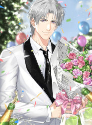 Rule 34 | 1boy, absurdres, alcohol, balloon, black necktie, blue sky, blurry, blurry background, bouquet, champagne, champagne bottle, charlie su, confetti, day, flower, formal, grey eyes, grey hair, highres, holding, holding bouquet, light and night love, long sleeves, male focus, necktie, outdoors, outoors, pink ribbon, ribbon, short hair, sky, suit, taishu, white suit
