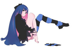 Rule 34 | 10s, 1girl, barefoot, black dress, bow, colored inner hair, dress, feet, full body, green eyes, hands on feet, kyoudyu, legs, long hair, multicolored hair, panty &amp; stocking with garterbelt, plantar flexion, shoes, simple background, single shoe, single thighhigh, sitting, smile, solo, stocking (psg), striped clothes, striped thighhighs, thighhighs, two-tone hair, undressing
