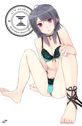 Rule 34 | 1girl, ankle lace-up, arm support, ayase (ayasegiken), barefoot, black hair, blush, bow, bow bra, bra, breasts, cameltoe, choker, cleavage, cross-laced footwear, crotch, face, feet, grey hair, highres, lace, lace-trimmed bra, lace-trimmed panties, lace bra, lace panties, lace trim, legs, lingerie, looking at viewer, navel, open mouth, original, panties, purple eyes, ribbon, side-tie panties, simple background, sitting, solo, spread legs, toes, underwear, underwear only