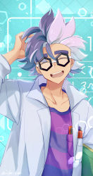 Rule 34 | 1boy, :d, arm above head, arms up, black-framed eyewear, book, closed eyes, commentary, creatures (company), game freak, glasses, hexagonal eyewear, highres, jacq (pokemon), lab coat, looking at viewer, male focus, multicolored hair, nanashino (7shino gs), nintendo, open mouth, pen, pokemon, pokemon sv, purple shirt, shirt, short hair, smile, solo, teeth, two-tone hair, upper body, upper teeth only