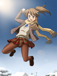 Rule 34 | 1girl, :d, brown eyes, brown hair, coat, crotch seam, gloves, jumping, lielos, loafers, open mouth, original, panties, panties under pantyhose, pantyhose, poniko (lielos), ponytail, scarf, shoes, smile, snowball, solo, sweater vest, underwear