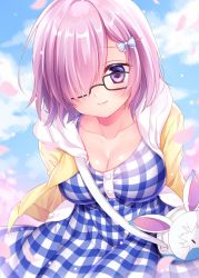 Rule 34 | 1girl, arms behind back, bag, blue sky, blush, bow, breasts, casual, character doll, cleavage, closed mouth, cloud, collarbone, day, dress, fate/grand order, fate (series), glasses, hair over one eye, holding, holding bag, hood, hoodie, looking at viewer, mash kyrielight, mash kyrielight (senpai killer outfit), mitsuba choco, official alternate costume, open clothes, open hoodie, petals, pink hair, plaid, plaid dress, purple eyes, short hair, sky, solo