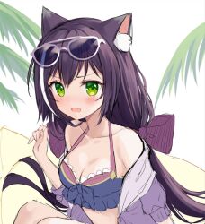Rule 34 | 1girl, animal ear fluff, animal ears, blush, breasts, cat ears, cat girl, cleavage, eyewear on head, green eyes, jacket, karyl (princess connect!), long hair, looking at viewer, medium breasts, moorina, off shoulder, open clothes, open jacket, open mouth, outdoors, palm tree, princess connect!, purple hair, sitting, solo, sunglasses, swimsuit, tree