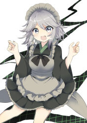 Rule 34 | 1girl, apron, black kimono, black ribbon, breasts, commentary request, frilled apron, frills, genderswap, genderswap (otf), grey apron, grey eyes, grey hair, highres, houlen yabusame, japanese clothes, kimono, lace, lace-trimmed kimono, lace trim, len&#039;en, maid, maid headdress, medium breasts, open mouth, ougi hina, ribbon, short hair, short kimono, sleeves past elbows, smile, solo, w arms, wa maid, wide sleeves