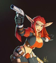 Rule 34 | artist name, ashelin praxis, breasts, cleavage, green eyes, gun, jak and daxter, jak ii, large breasts, long ears, navel, pointy ears, red hair, signature, smile, tagme, tattoo, weapon