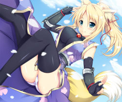 Rule 34 | 10s, 1girl, animal ears, black gloves, black thighhighs, blonde hair, breasts, cloud, day, dog days, fingerless gloves, fox ears, fox tail, gloves, green eyes, hinata sora, japanese clothes, large breasts, outdoors, panties, petals, sky, smile, solo, tail, thighhighs, underwear, white panties, yukikaze panettone